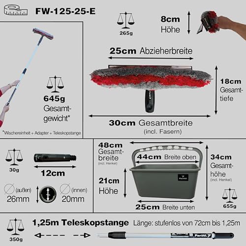 FenWi Profi Komplett-Set für die Glasreinigung mit 25/30cm Kombi Fensterabzieher mit Einwascher, Alu Teleskopstange, Rechteck-Eimer und Zubehör zur Fensterreinigung – ideal als Handgerät-Fensterwischer und Fensterreiniger bis max. 3,30m Höhe - 3