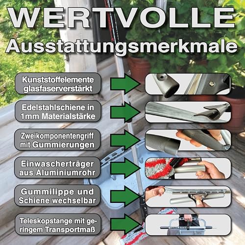 FenWi Profi Komplett-Set für die Glasreinigung mit 25/30cm Kombi Fensterabzieher mit Einwascher, Alu Teleskopstange, Rechteck-Eimer und Zubehör zur Fensterreinigung – ideal als Handgerät-Fensterwischer und Fensterreiniger bis max. 3,30m Höhe - 4