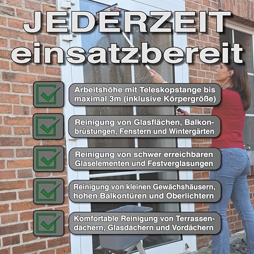 FenWi Profi Komplett-Set für die Glasreinigung mit 25/30cm Kombi Fensterabzieher mit Einwascher, Alu Teleskopstange, Rechteck-Eimer und Zubehör zur Fensterreinigung – ideal als Handgerät-Fensterwischer und Fensterreiniger bis max. 3,30m Höhe - 5