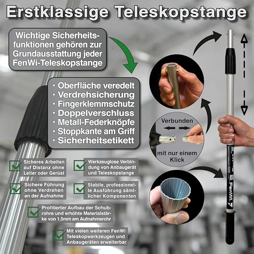 FenWi Profi Komplett-Set für die Glasreinigung mit 25/30cm Kombi Fensterabzieher mit Einwascher, Alu Teleskopstange, Rechteck-Eimer und Zubehör zur Fensterreinigung – ideal als Handgerät-Fensterwischer und Fensterreiniger bis max. 3,30m Höhe - 6