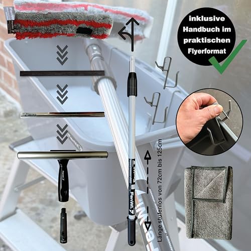 FenWi Profi Komplett-Set für die Glasreinigung mit 25/30cm Kombi Fensterabzieher mit Einwascher, Alu Teleskopstange, Rechteck-Eimer und Zubehör zur Fensterreinigung – ideal als Handgerät-Fensterwischer und Fensterreiniger bis max. 3,30m Höhe - 9